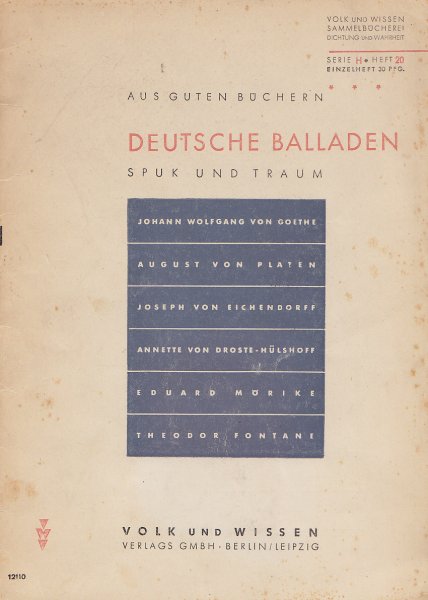 Deutsche Balladen. Spuk und Traum. Volk und Wissen Sammelbücherei Serie H Heft 20